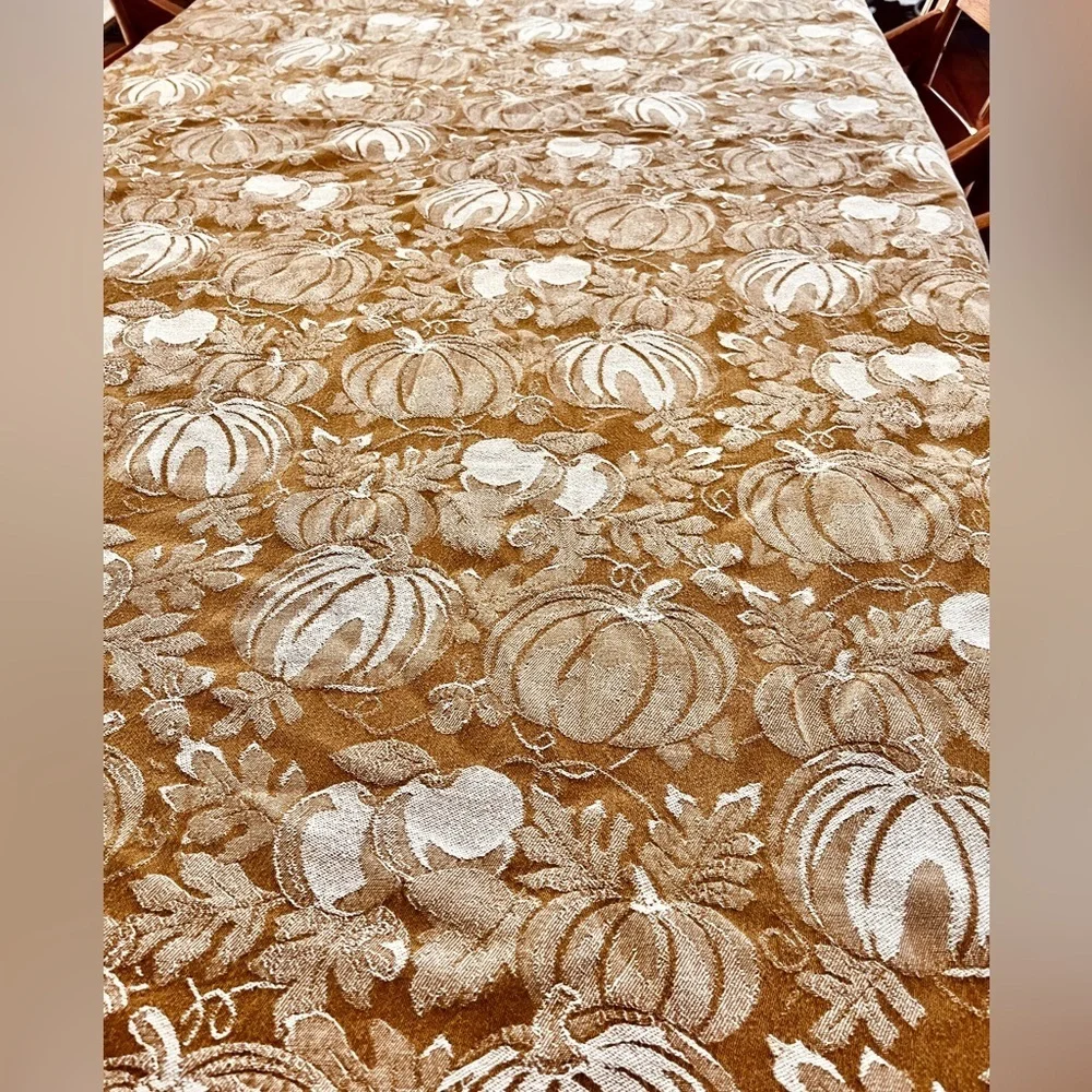 VTG Woven Cotton Burnt Orange Harvest Tablecloth| Pumpkins | Apples | 54 x 86